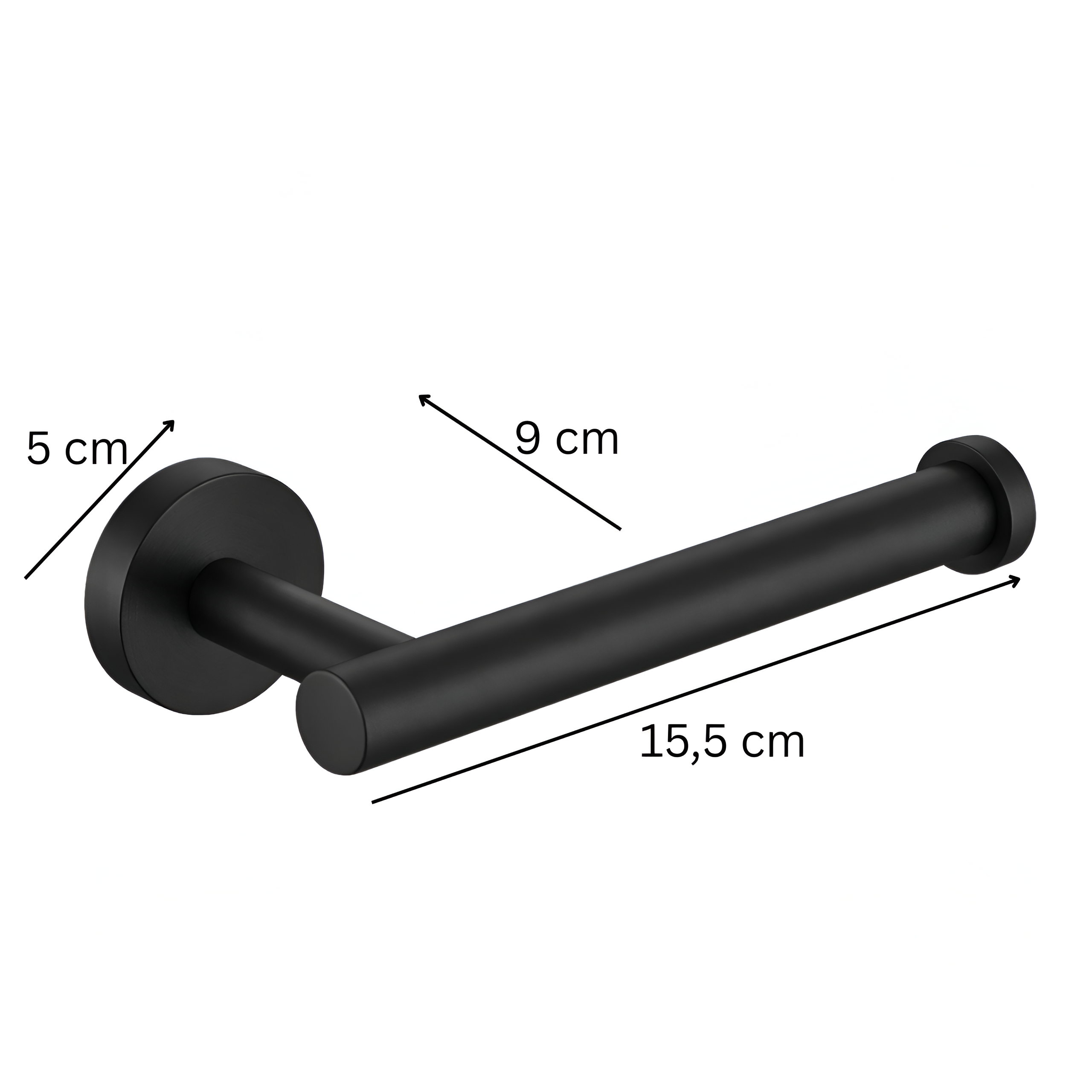 Czarny metalowy uchwyt na papier toaletowy z trzema wymiarami: 5 cm, 9 cm i 15,5 cm, przedstawiony na białym tle.
