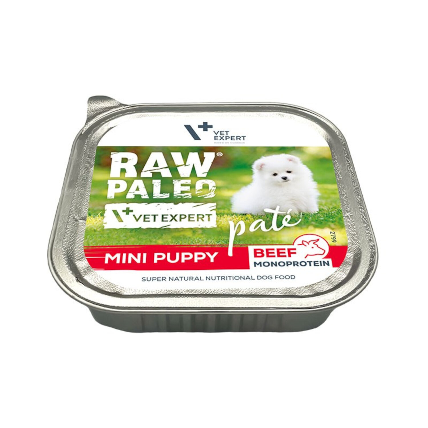 Opakowanie mokrej karmy dla szczeniąt z wołowiną o nazwie \'RAW PALEO PATE MINI PUPPY BEEF\'. Na etykiecie widoczny jest biały szczeniak oraz logo \'VET EXPERT\'.