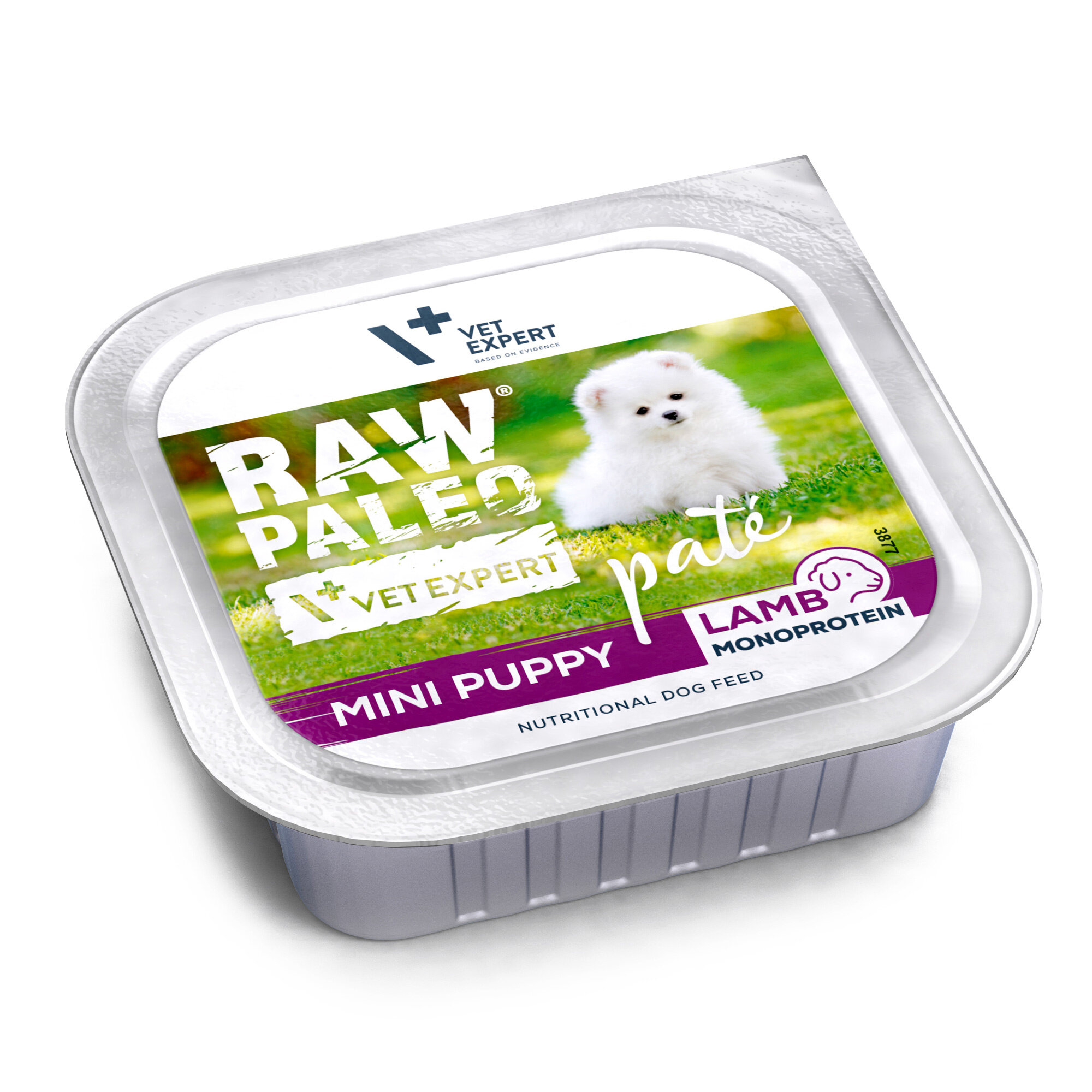 Opakowanie mokrej karmy dla szczeniąt z napisem \'RAW PALEO\', \'MINI PUPPY\', \'LAMB MONOPROTEIN\' oraz logo \'VET EXPERT\'. Na etykiecie widoczny jest biały szczeniak na tle zielonej trawy.