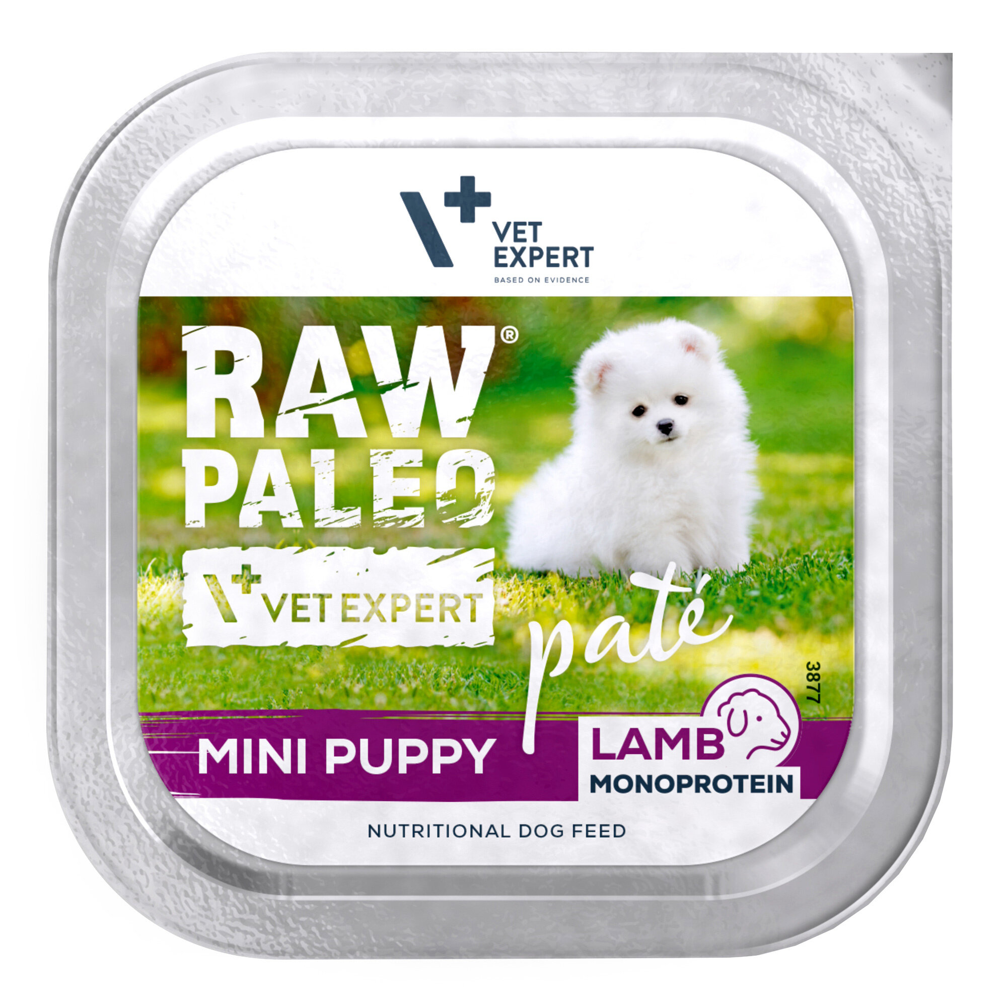Opakowanie mokrej karmy dla szczeniąt z napisem \'RAW PALEO\', \'VET EXPERT\', \'MINI PUPPY\', \'LAMB MONOPROTEIN\' oraz zdjęciem białego szczeniaka na tle trawy.