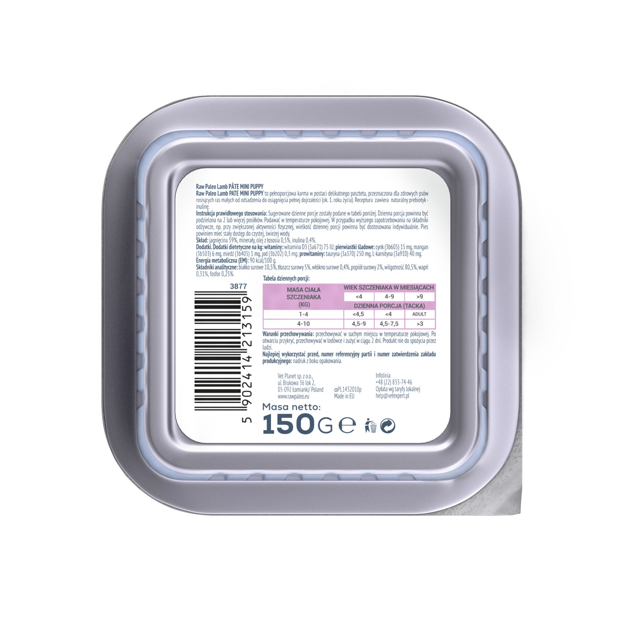 Kwadratowe opakowanie z etykietą zawierającą szczegółowe informacje o produkcie, tabelę dawkowania oraz kod kreskowy. Widoczny tekst: \'Masa netto: 150G\'.
