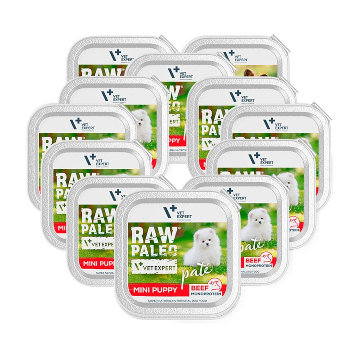Na obrazie widocznych jest dwanaście opakowań mokrej karmy dla szczeniąt z napisem \'RAW PALEO MINI PUPPY BEEF MONOPROTEIN\'. Na etykiecie znajduje się zdjęcie białego szczeniaka oraz logo \'VET EXPERT\'.