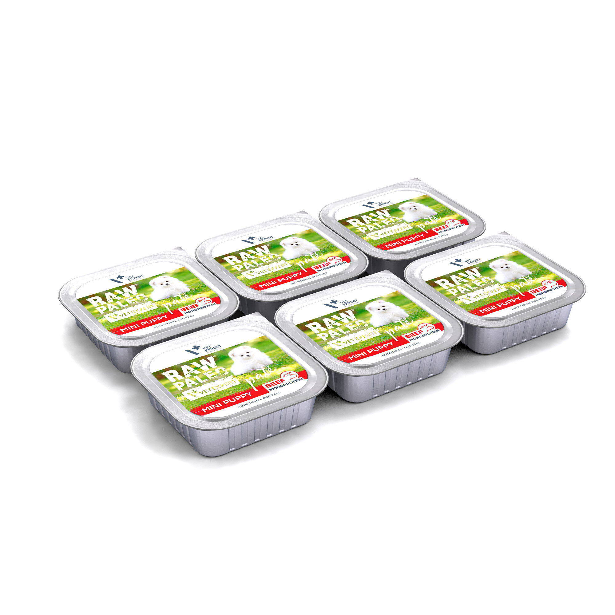 Na obrazie widoczne jest sześć opakowań mokrej karmy dla szczeniąt z etykietą \'RAW PALEO MINI PUPPY BEEF\'. Każde opakowanie ma obrazek białego psa na zielonym tle.
