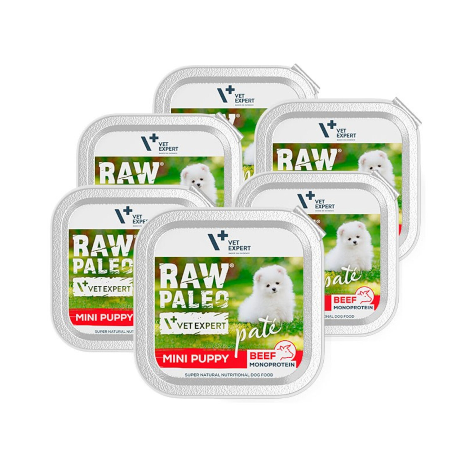 Na obrazie widoczne są sześć opakowań mokrej karmy dla szczeniąt z napisem \'RAW PALEO VET EXPERT MINI PUPPY BEEF MONOPROTEIN\'. Na etykiecie znajduje się zdjęcie białego szczeniaka na tle zielonej trawy.