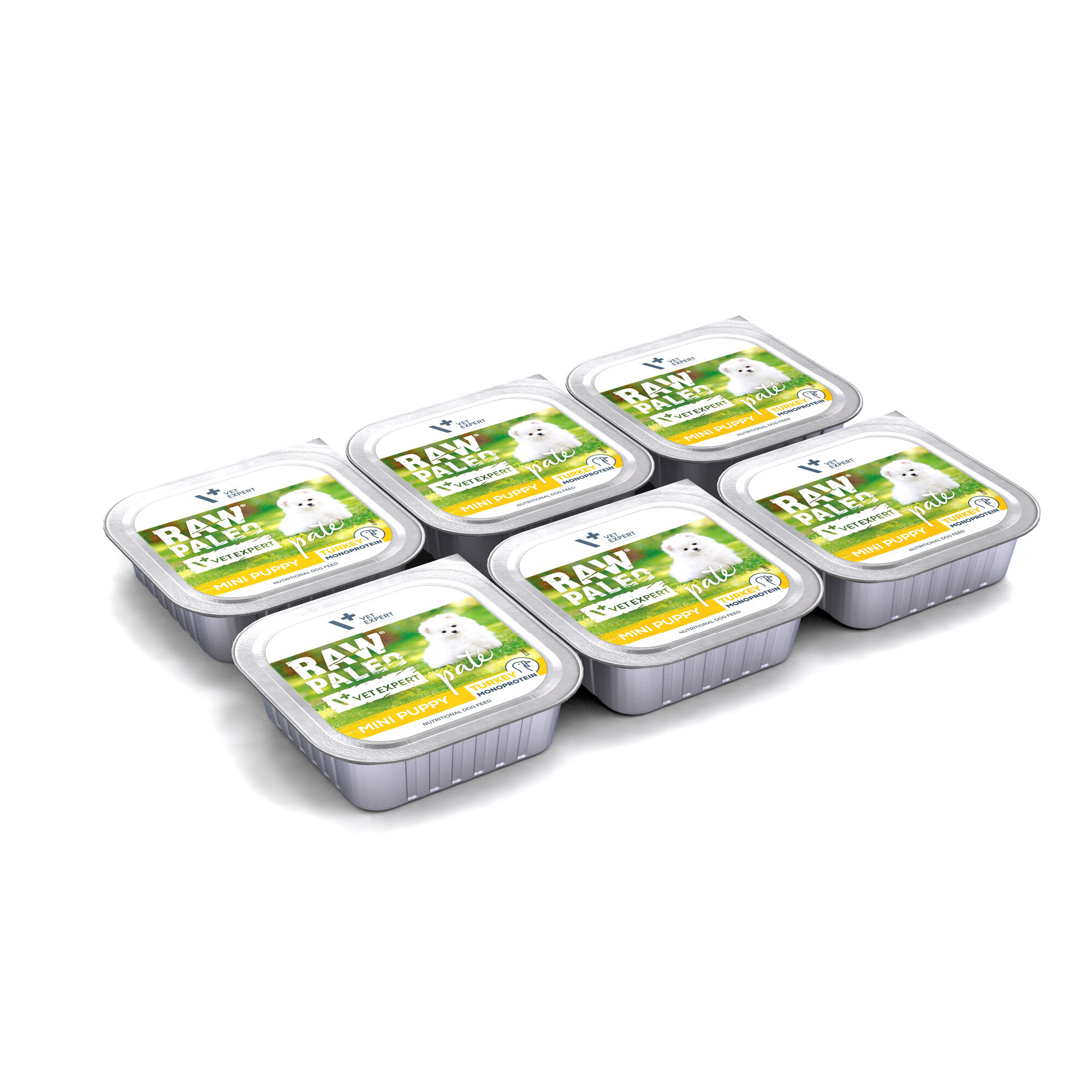 Na obrazie widoczne jest sześć opakowań mokrej karmy dla szczeniąt z etykietą \'RAW PALEO PATE MINI PUPPY TURKEY\'. Opakowania są ułożone w dwóch rzędach po trzy sztuki.