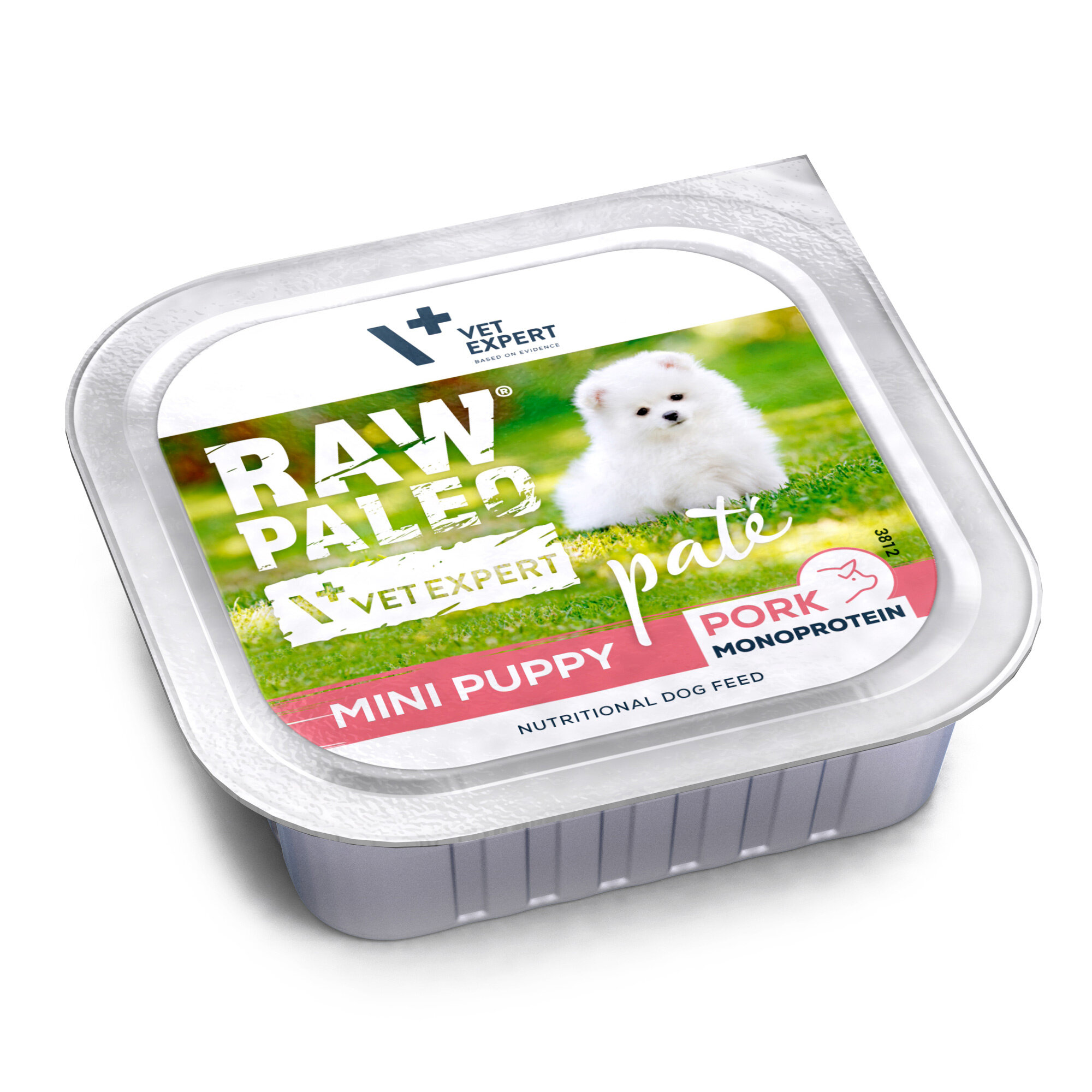 Opakowanie mokrej karmy dla szczeniąt z wieprzowiną, oznaczone jako \'RAW PALEO MINI PUPPY PORK MONOPROTEIN\'. Na etykiecie widoczny jest biały szczeniak na tle zielonej trawy oraz logo \'VET EXPERT\'.
