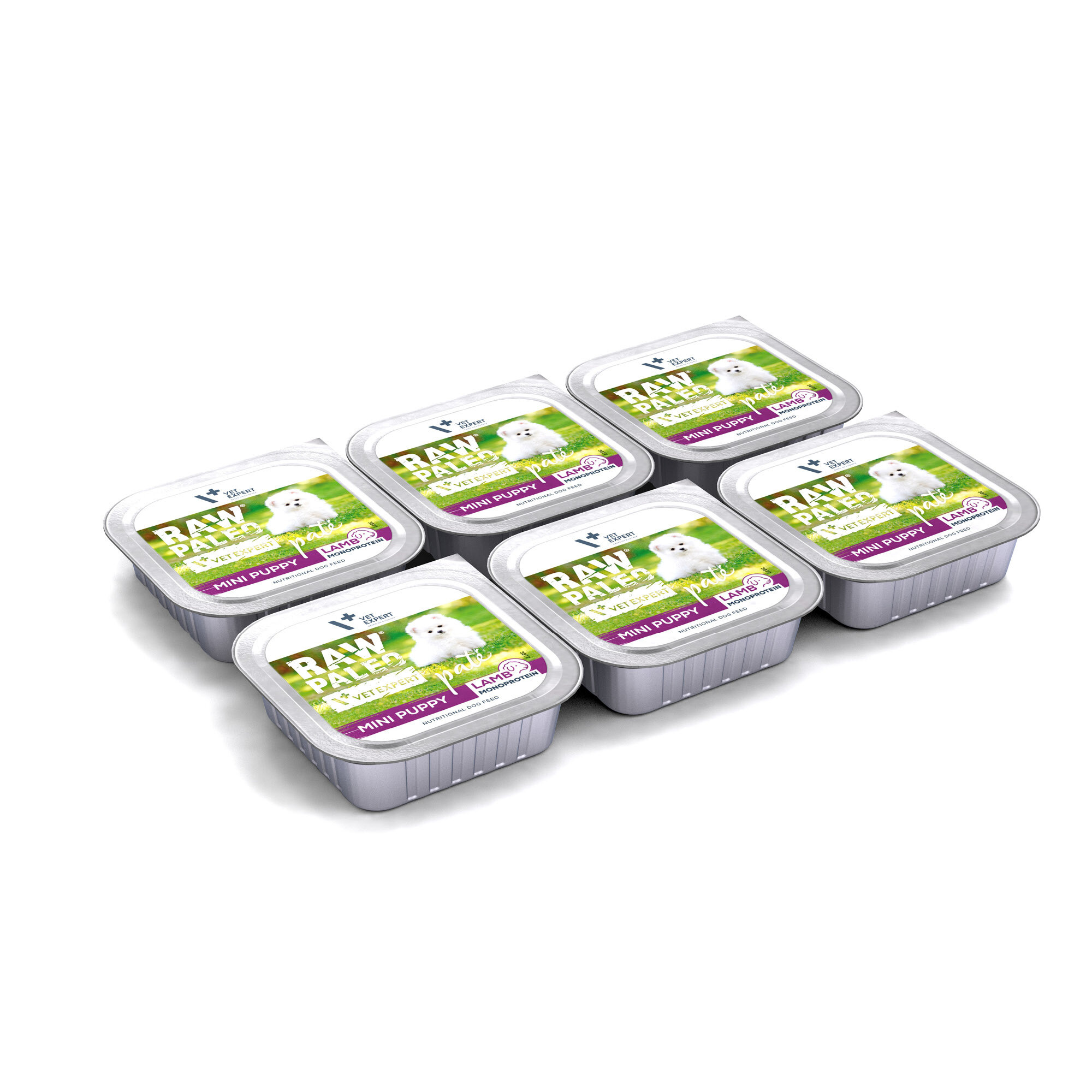 Na obrazie widoczne jest sześć opakowań mokrej karmy dla szczeniąt o nazwie \'RAW PALEO LAMB PATE MINI PUPPY\'. Każde opakowanie ma etykietę z wizerunkiem psa i napisem \'LAMB\'.