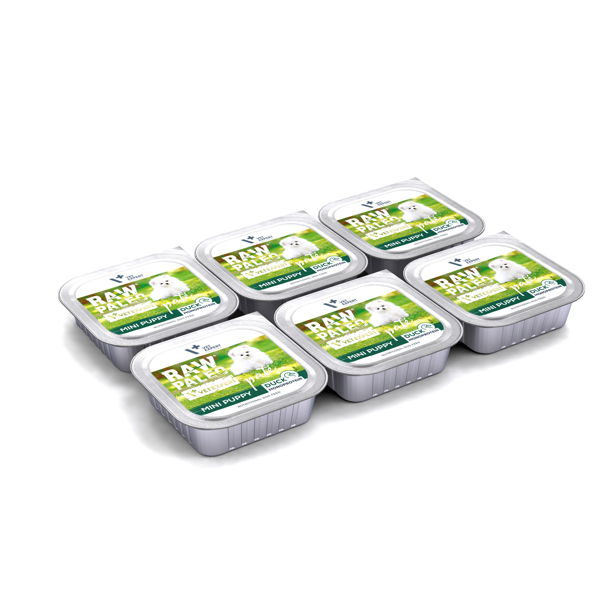 Na obrazie widoczne jest sześć opakowań mokrej karmy dla szczeniąt o nazwie \'RAW PALEO MINI PUPPY DUCK PATE\'. Każde opakowanie ma etykietę z wizerunkiem psa na zielonym tle.