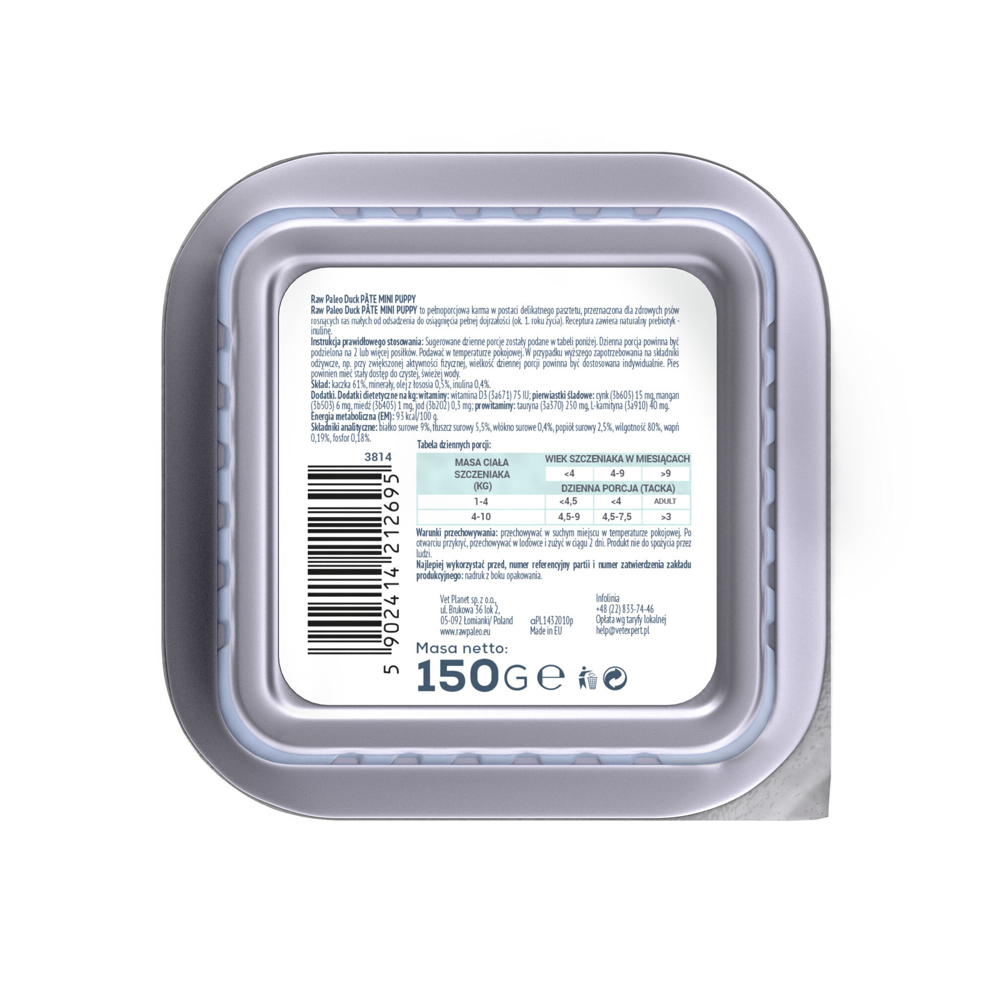 Opakowanie mokrej karmy dla szczeniąt z kaczką, o masie netto 150 g. Widoczny jest kod kreskowy oraz szczegółowe informacje dotyczące składu i dawkowania produktu.
