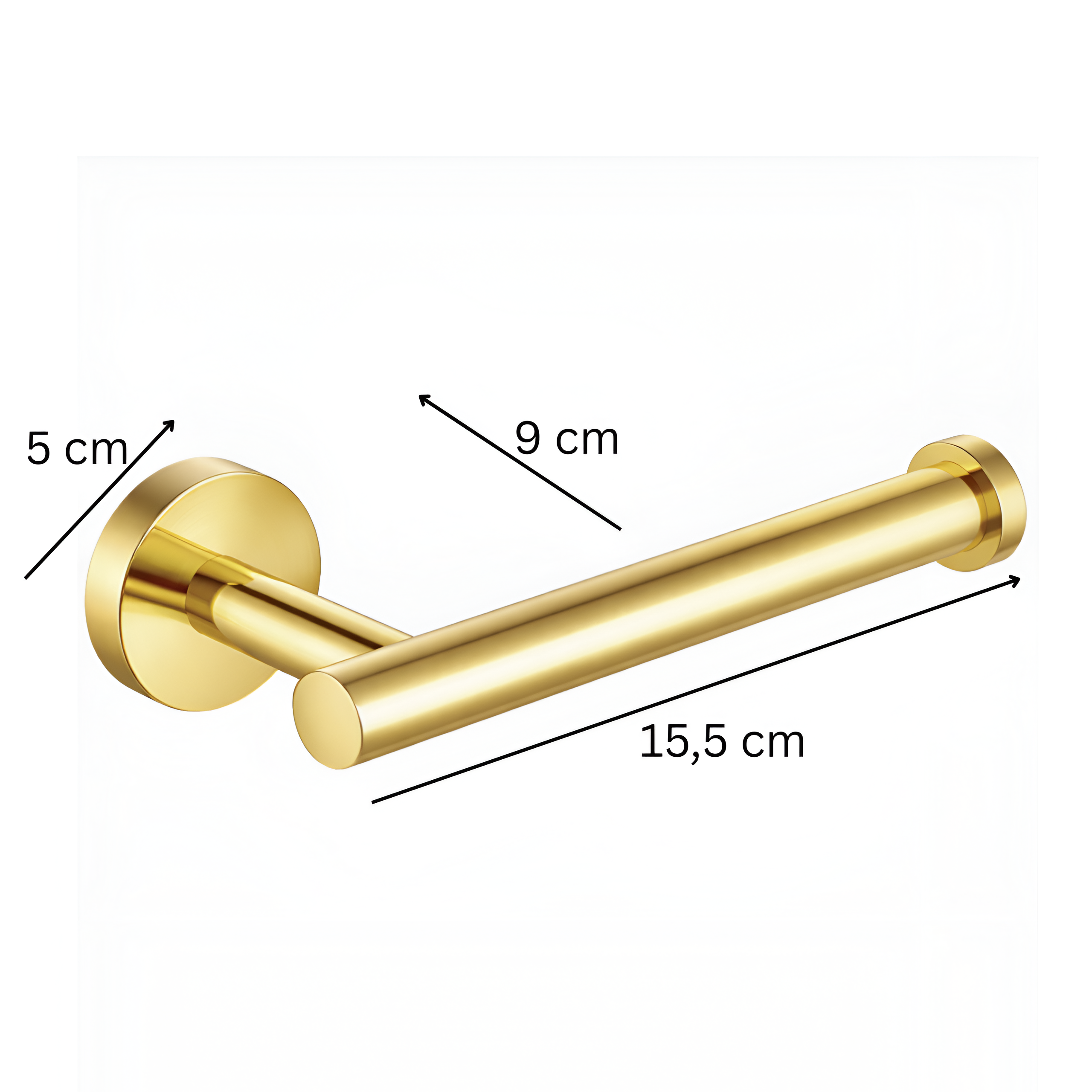 Złoty, metalowy uchwyt na papier toaletowy z wymiarami: 5 cm, 9 cm i 15,5 cm.