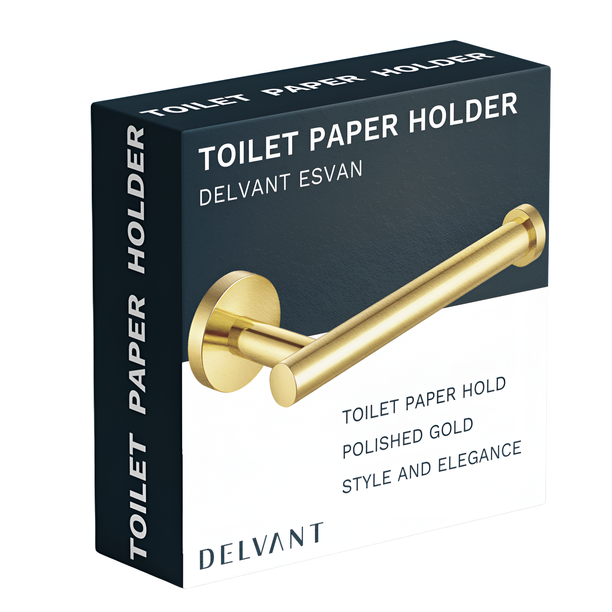 Opakowanie uchwytu na papier toaletowy w kolorze złotym połysk. Widoczny tekst: \'TOILET PAPER HOLDER DELVANT ESVAN\', \'TOILET PAPER HOLD POLISHED GOLD STYLE AND ELEGANCE\', \'DELVANT\'.