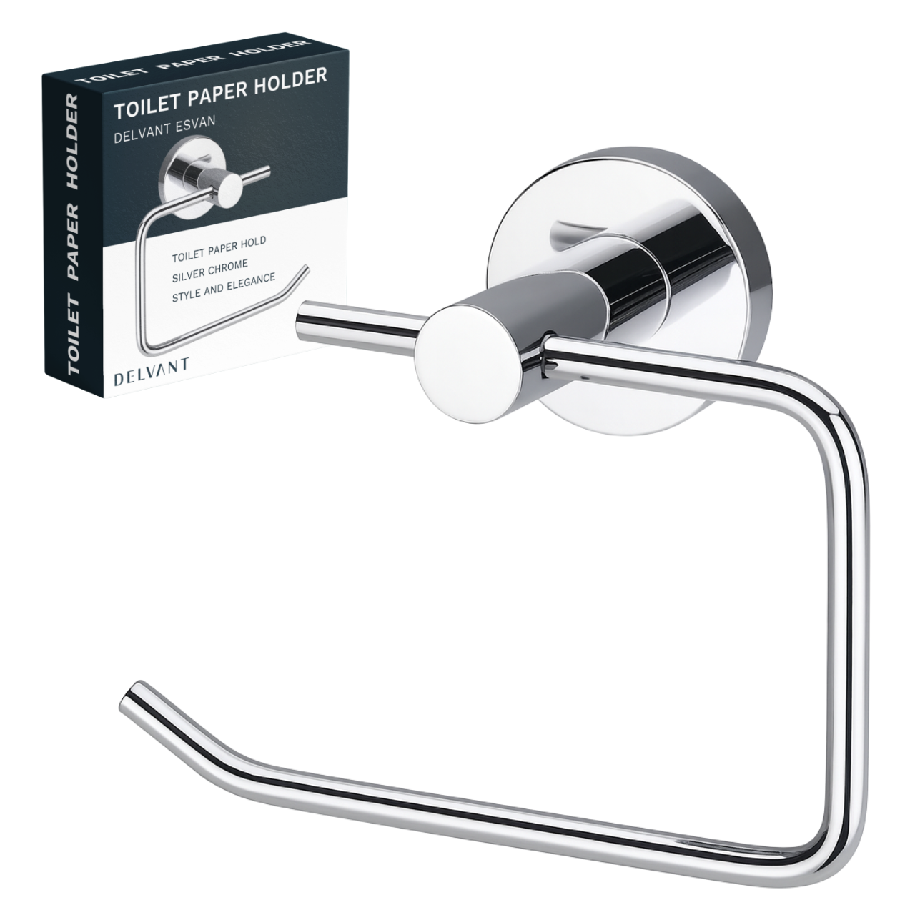 Metalowy uchwyt na papier toaletowy w kolorze chromu, z okrągłą podstawą montażową. Obok znajduje się pudełko z napisem: \'TOILET PAPER HOLDER DELVANT ESVAN, TOILET PAPER HOLD, SILVER CHROME, STYLE AND ELEGANCE, DELVANT\'.