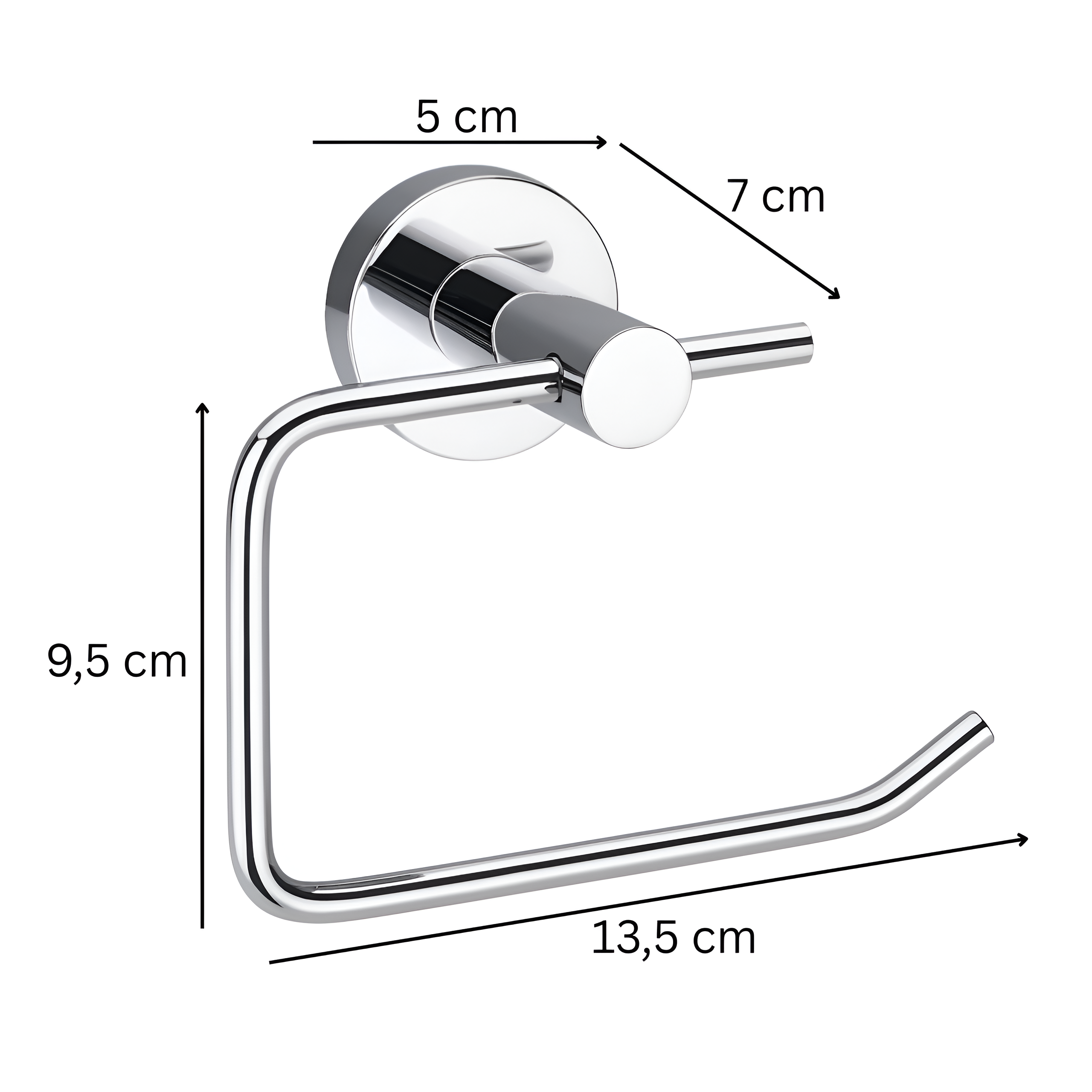 Metalowy uchwyt na papier toaletowy w kolorze chromu z wymiarami: 5 cm, 7 cm, 9,5 cm i 13,5 cm. Uchwyt ma prosty, nowoczesny design z okrągłą podstawą montażową.
