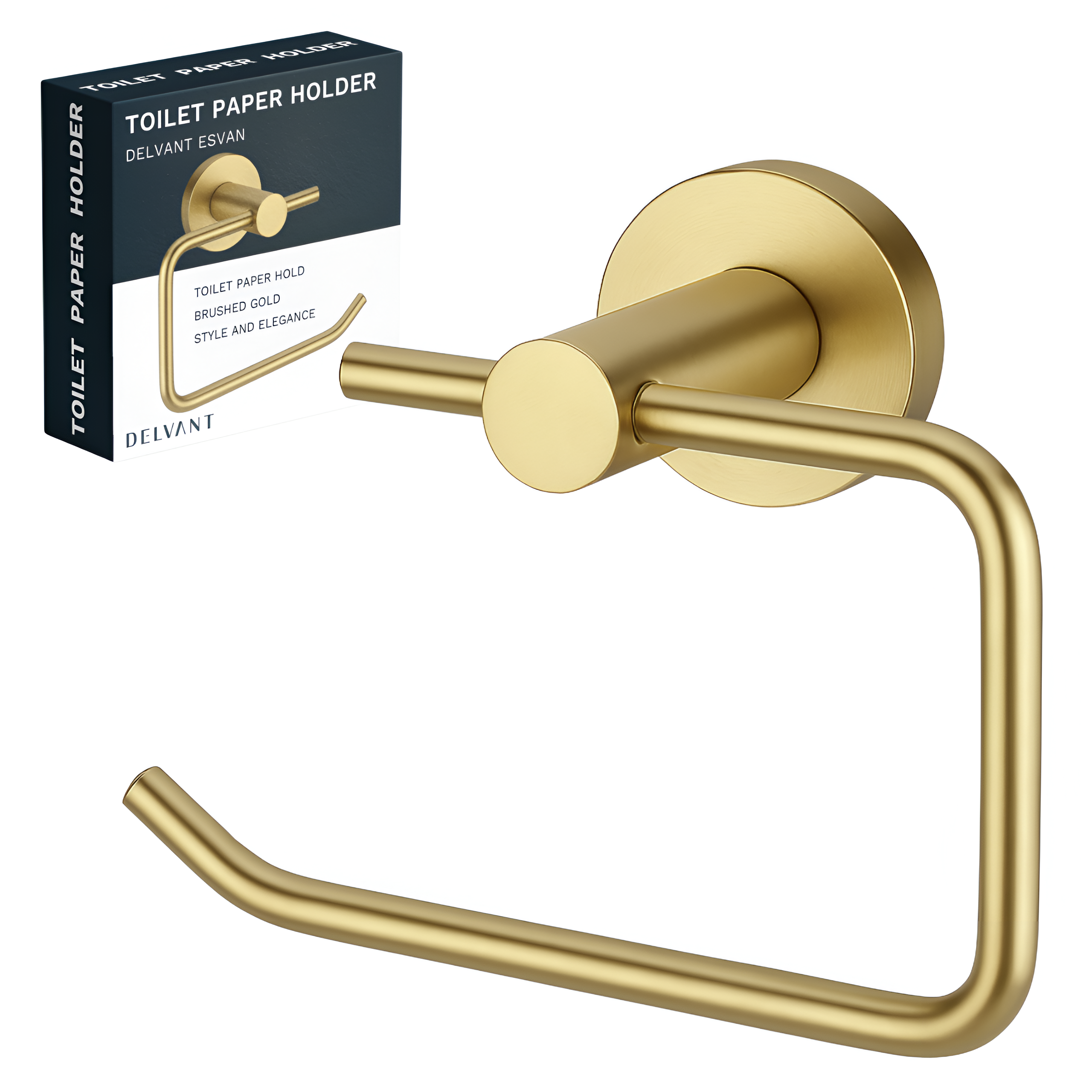Złoty, metalowy uchwyt na papier toaletowy o prostym, eleganckim designie. Obok znajduje się pudełko z napisem: \'TOILET PAPER HOLDER DELVANT ESVAN TOILET PAPER HOLD BRUSHED GOLD STYLE AND ELEGANCE DELVANT\'.