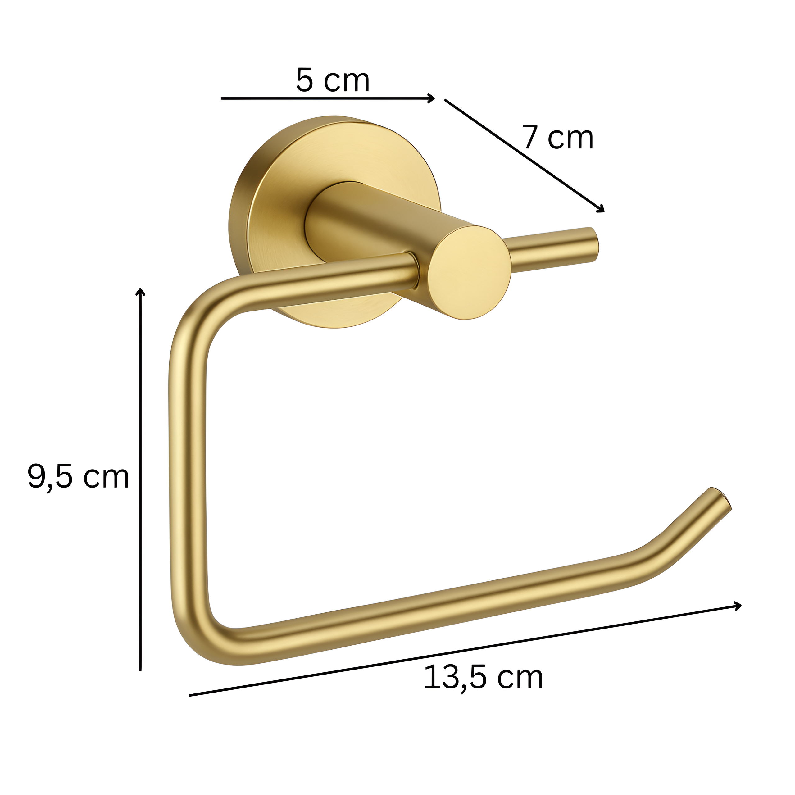 Złoty, metalowy uchwyt na papier toaletowy z okrągłą podstawą i prostokątnym ramieniem. Wymiary: 5 cm, 7 cm, 9,5 cm, 13,5 cm.