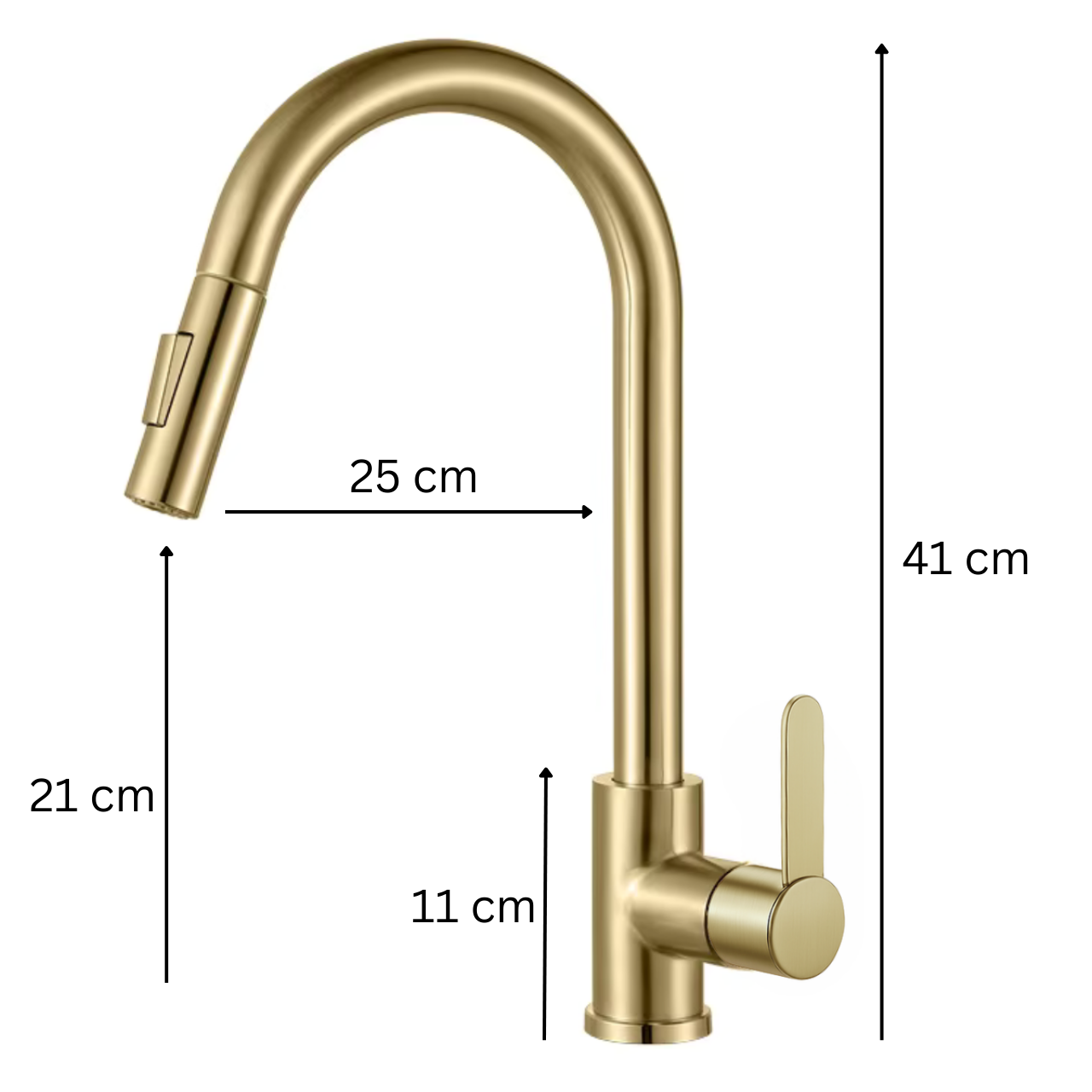 Złota bateria kuchenna z wyciąganą wylewką, o wysokości 41 cm, z wylewką o długości 25 cm i wysokości 21 cm. Posiada uchwyt do regulacji wody na wysokości 11 cm.