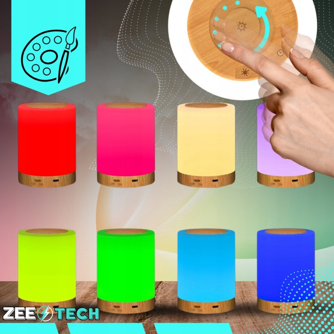 Obraz przedstawia osiem lamp LED w różnych kolorach: czerwonym, różowym, żółtym, fioletowym, zielonym, jasnoniebieskim, niebieskim i ciemnoniebieskim, z drewnianymi podstawami. W prawym górnym rogu widoczna jest ręka dotykająca panelu sterowania z ikonami i strzałką wskazującą obrót.