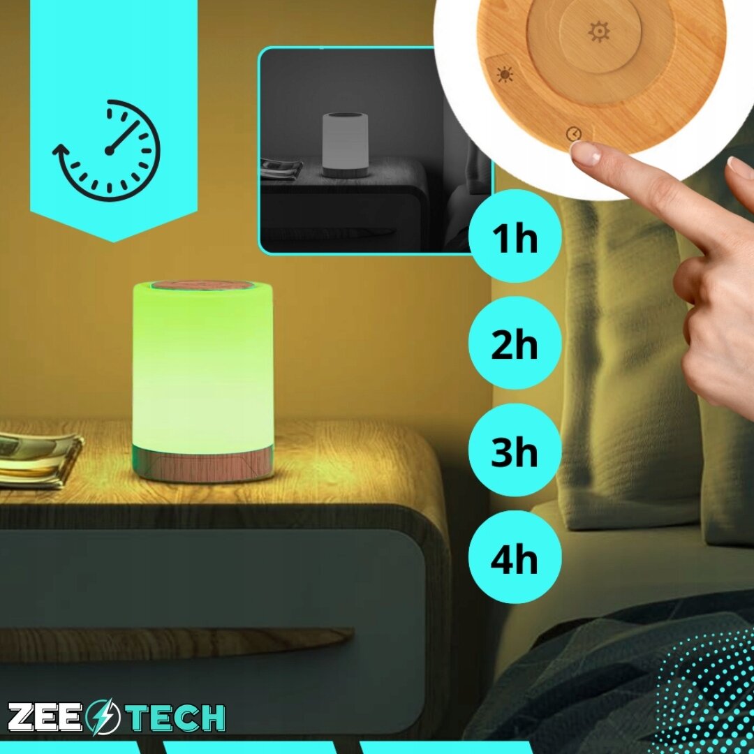 Obraz przedstawia bezprzewodową lampkę nocną LED z funkcją dotykowego ściemniania i zmiany koloru RGB, ustawioną na drewnianym stoliku. Widoczne są także ikony czasowe 1h, 2h, 3h, 4h oraz logo \'ZEETECH\'.