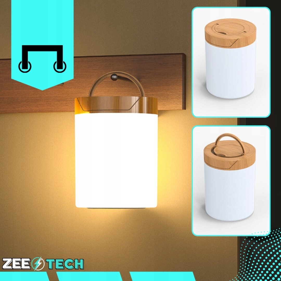 Na obrazie widoczna jest bezprzewodowa lampka nocna LED z drewnianym uchwytem i białym kloszem, zamontowana na drewnianej powierzchni. W lewym dolnym rogu znajduje się logo \'ZEE TECH\'.