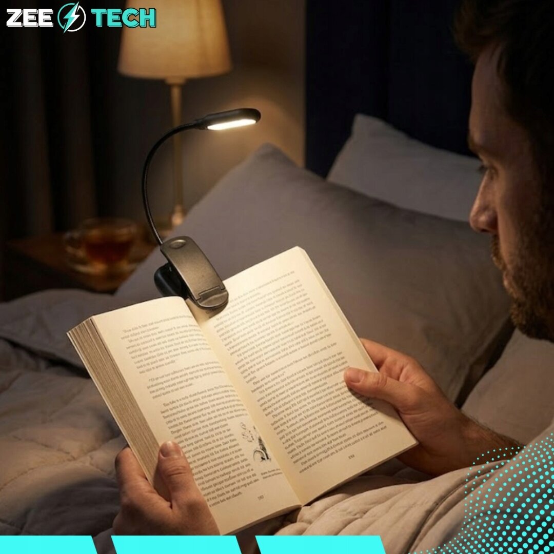 Osoba czyta książkę w łóżku, używając lampki do czytania z klipsem przymocowanej do książki. W tle widoczna jest lampka nocna, a w rogu logo \'ZEE TECH\'.