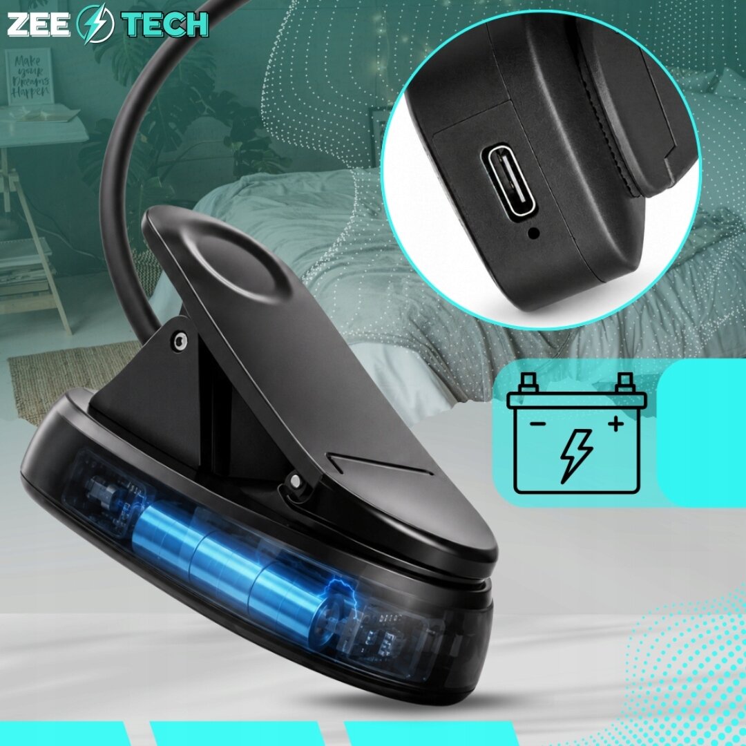 Obraz przedstawia czarną lampkę do czytania z klipsem, z widocznym portem USB. W tle znajduje się zarys sypialni, a w lewym górnym rogu widnieje logo \'ZEE TECH\'.