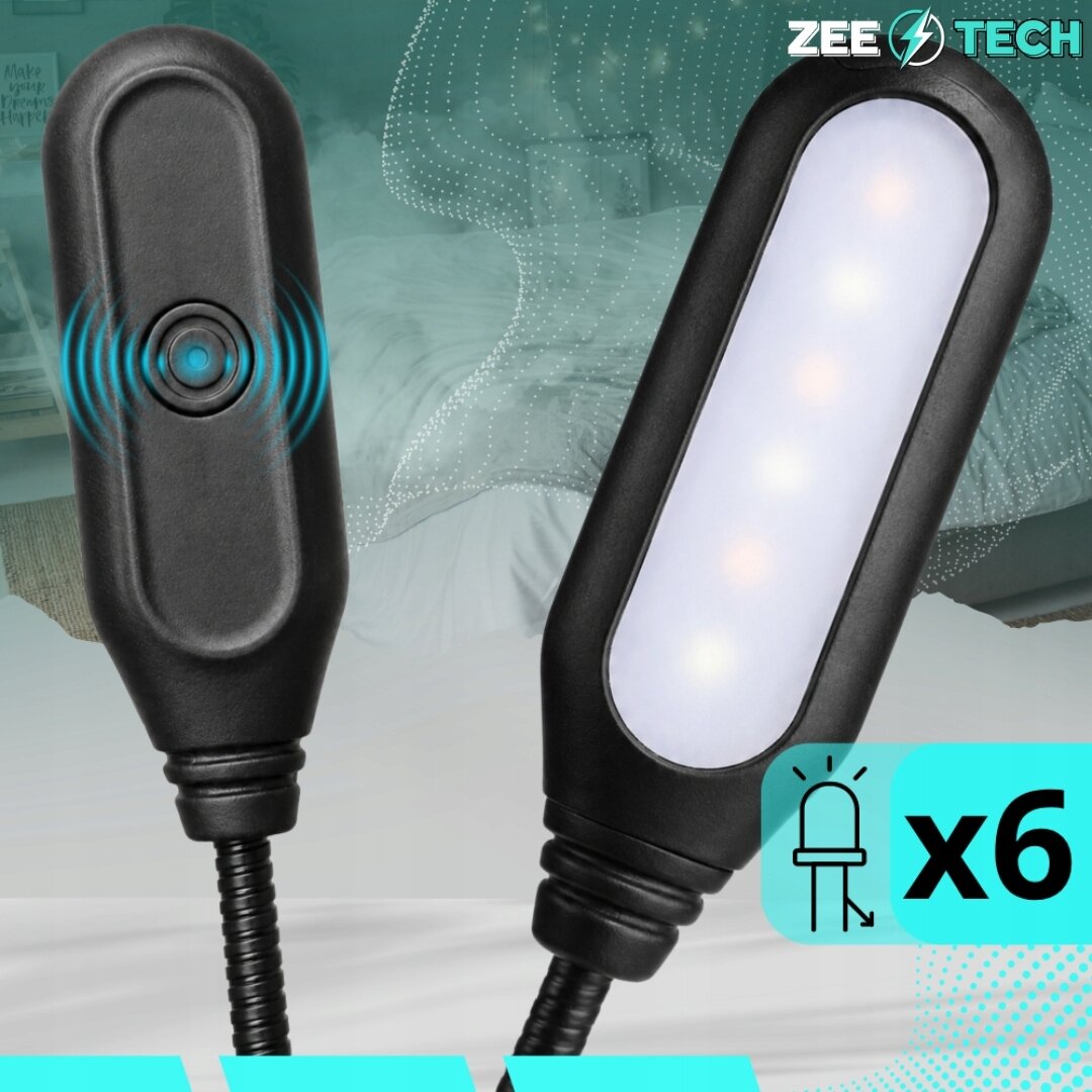 Obraz przedstawia bezprzewodową lampkę do czytania z klipsem, wyposażoną w 6 diod LED. W prawym górnym rogu widoczne jest logo \'ZEE TECH\'.