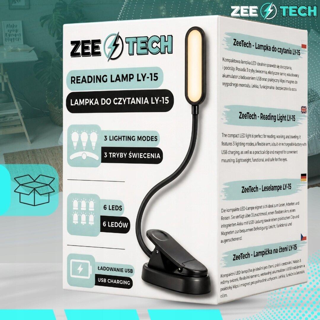 Opakowanie lampki do czytania z klipsem, z logo \'ZEE TECH\' i opisem funkcji: 3 tryby świecenia, 6 LED-ów, ładowanie USB. Widoczna jest również sama lampka z elastycznym ramieniem i klipsem.