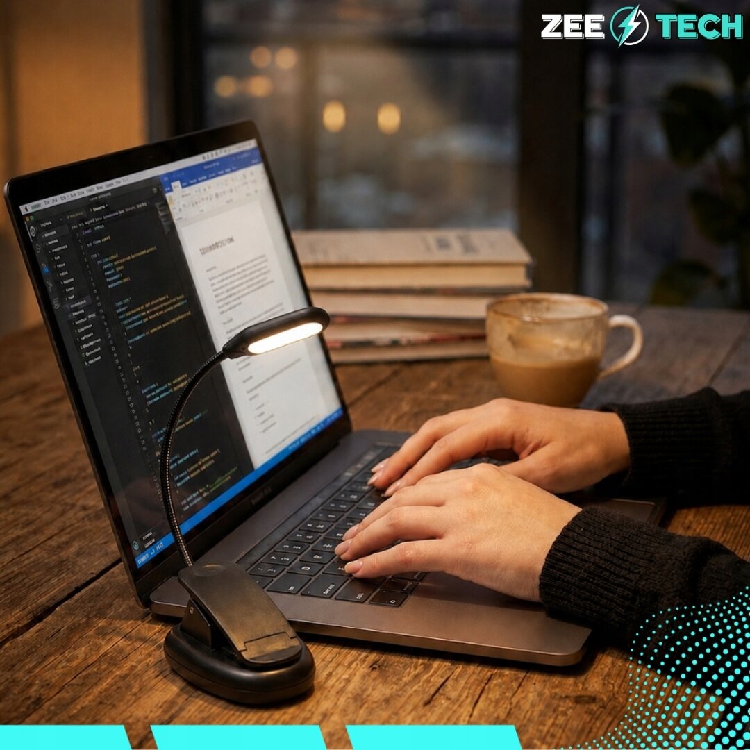 Osoba pisze na laptopie, obok którego znajduje się lampka do czytania z klipsem. W tle widoczna jest filiżanka z napojem i stos książek, a w rogu logo \'ZEE TECH\'.