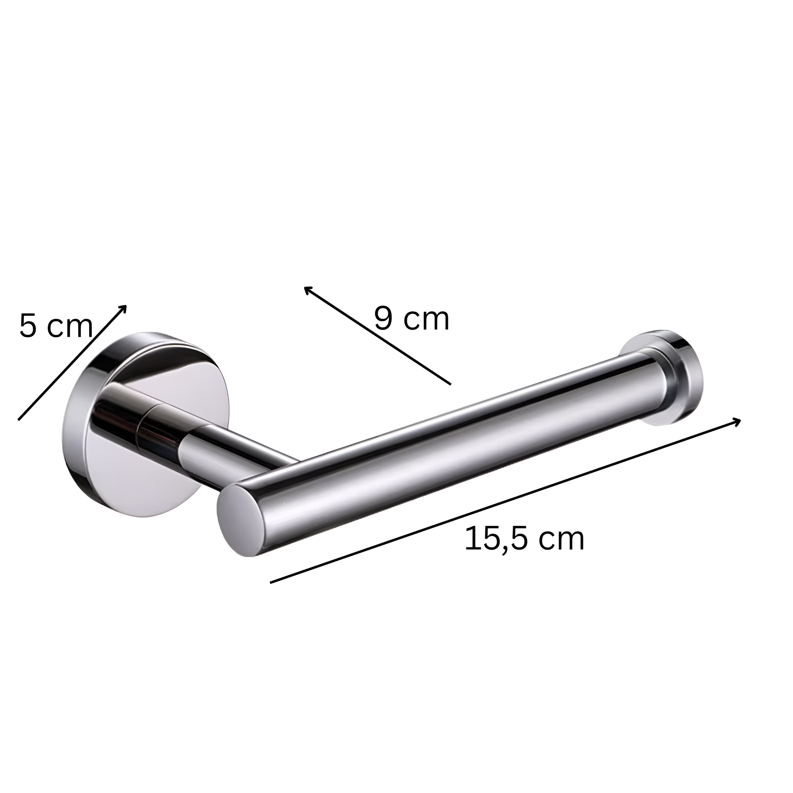 Metalowy uchwyt na papier toaletowy w kolorze chromu z trzema wymiarami: 5 cm, 9 cm i 15,5 cm.