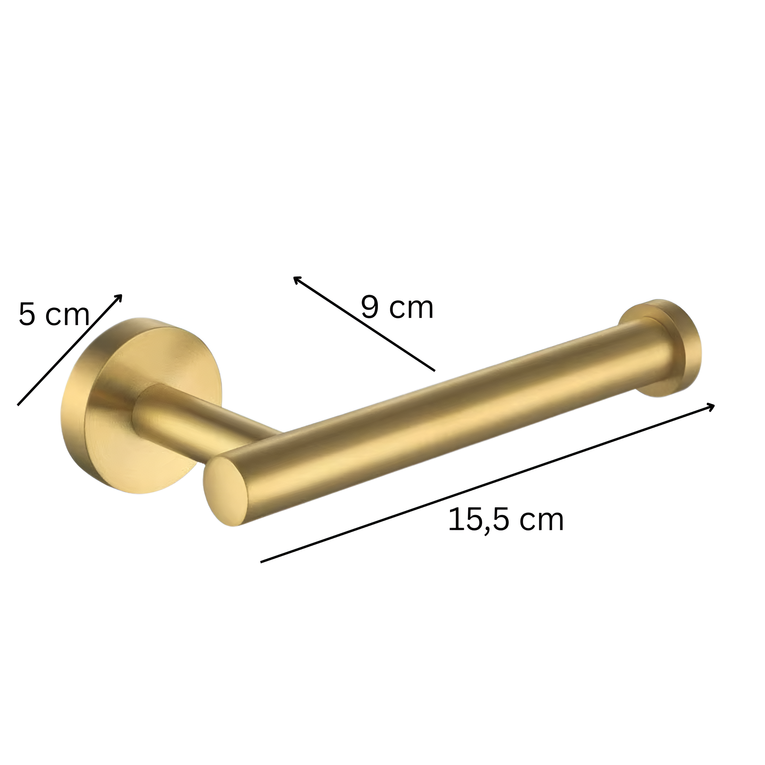 Złoty metalowy uchwyt na papier toaletowy z trzema wymiarami: 5 cm, 9 cm i 15,5 cm.