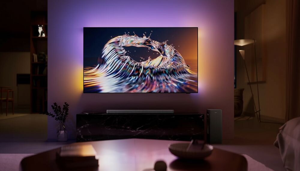 Soundbar PHILIPS TAB8301/10 profil 44 mm uchwyty ścienne subwoofer pionowo lub poziomo, soundbar stojący na komodzie w pomieszczeniu