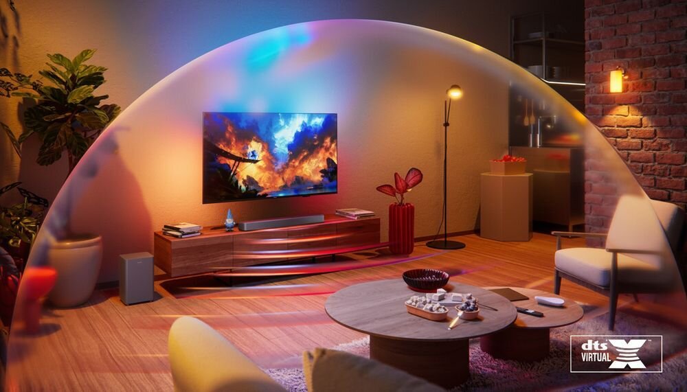 Soundbar PHILIPS TAB8301/10 DTS X DTS Virtual X wirtualny dźwięk 3D, soundbar stojący na komodzie w pomieszczeniu
