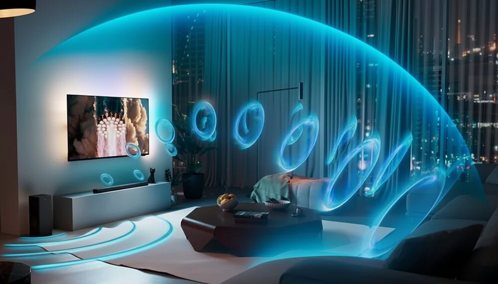 Soundbar PHILIPS TAB8301/10 Dolby Atmos trójwymiarowy dźwięk przestrzenny, soundbar stojący na komodzie w pomieszczeniu