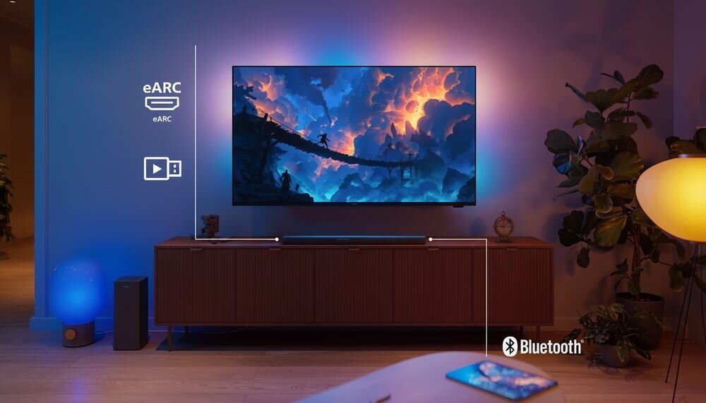 Soundbar PHILIPS TAB8301/10 Bluetooth 6.0 dźwięk LE USB-A strumieniowanie muzyki, soundbar stojący na komodzie w pomieszczeniu