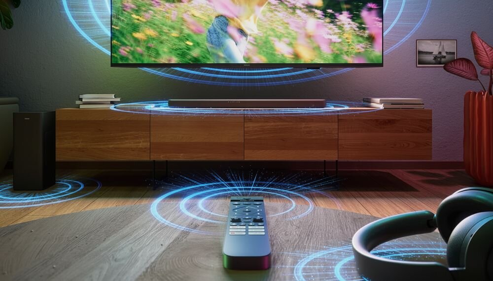 Soundbar PHILIPS TAB8301/10 EasyLINK pilot telewizora Philips Ambilight regulacja tonów, soundbar stojący na komodzie w pomieszczeniu