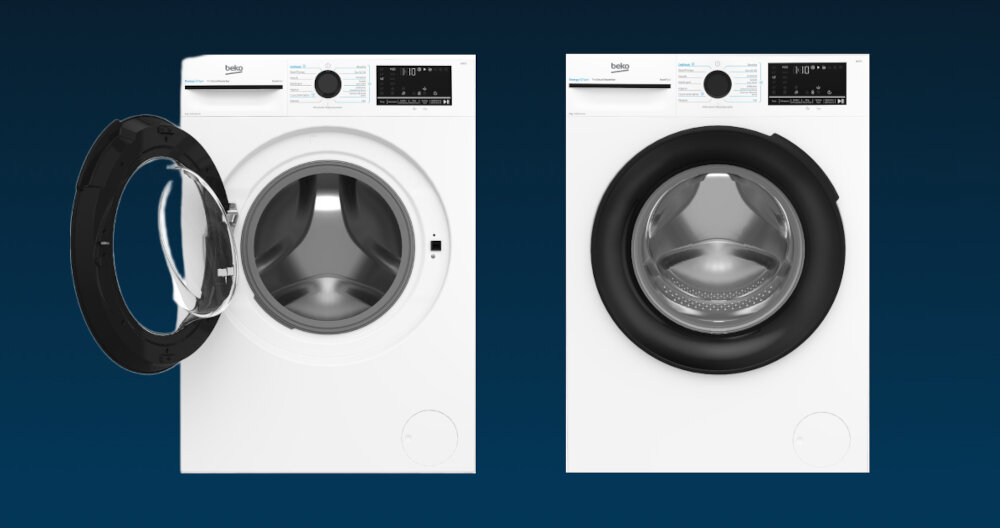 PRALKA BEKO B300 XBM3WFU49415W Dwie pralki Beko zostały przedstawione na granatowym tle, jedna z otwartymi, a druga z zamkniętymi drzwiami. Grafika prezentuje konstrukcję szeroko otwieranych drzwi oraz przestronny bęben, które ułatwiają wkładanie i wyjmowanie prania wyświetlacz 15 programów duże drzwi XL pojemność 9 kg wygodna obsługa oszczędność czasu komfort prania