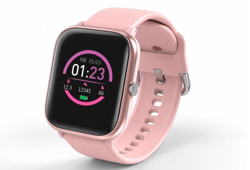 Różowy smartwatch z wyświetlaczem pokazującym datę \'FRI 01/23\', godzinę \'01:23\', oraz dane: \'12.3\', \'12345\', \'86\'. Pasek zegarka jest różowy z metalowym zapięciem.