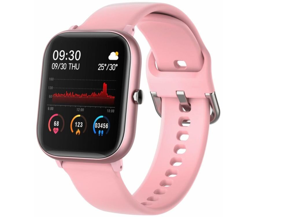 Różowy smartwatch z wyświetlaczem pokazującym godzinę 09:30, datę 09/30 THU, temperaturę 25°/30°, wykres aktywności oraz ikony z wartościami 68, 123 i 03456. Pasek zegarka jest różowy z metalowym zapięciem.