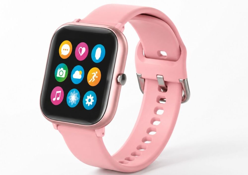 Różowy smartwatch z prostokątnym ekranem, na którym widoczne są kolorowe ikony aplikacji. Pasek zegarka jest wykonany z tworzywa sztucznego.