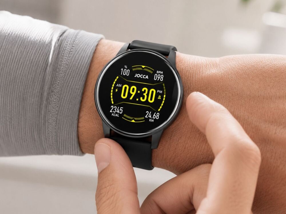 Osoba nosi czarny smartwatch z okrągłym wyświetlaczem, na którym widoczna jest godzina 09:30 oraz dane takie jak 100%, 098 BPM, 2345 KCAL i 24.68 KM. Na ekranie znajduje się również logo \'JOCCA\'.