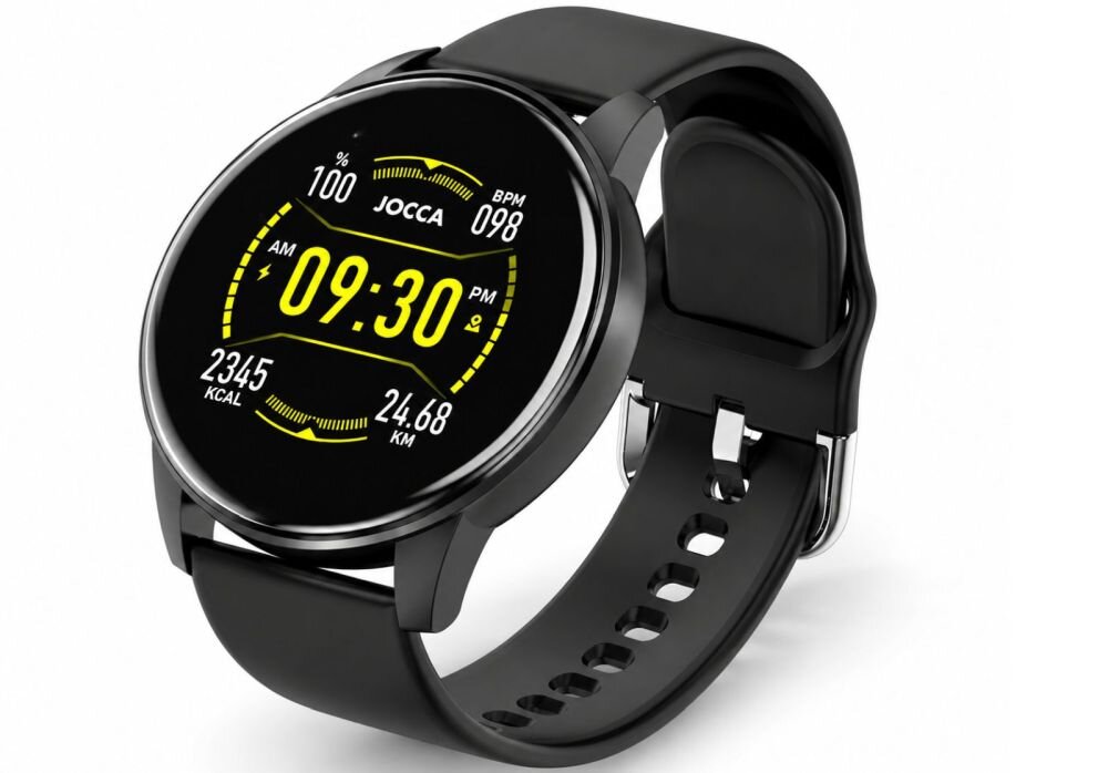Czarny smartwatch z okrągłym wyświetlaczem, na którym widoczna jest godzina 09:30, logo JOCCA oraz informacje o krokach i kaloriach. Pasek zegarka jest również czarny z metalowym zapięciem.