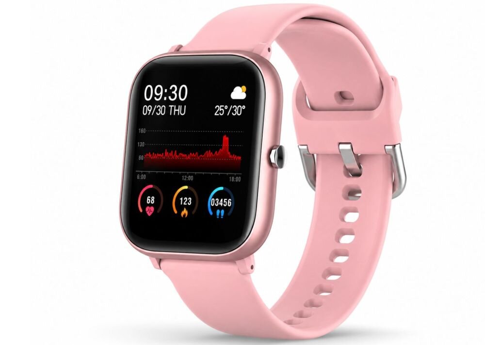 Różowy smartwatch z wyświetlaczem pokazującym godzinę 09:30, datę 09/30 THU, temperaturę 25°/30° oraz wykresy aktywności fizycznej. Pasek zegarka jest wykonany z tworzywa sztucznego, a koperta ma zaokrąglone rogi.