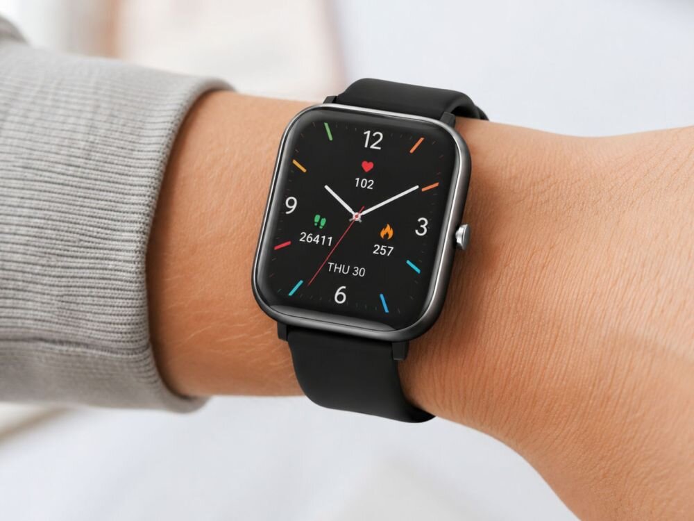 Na zdjęciu widoczny jest czarny smartwatch z kolorowym wyświetlaczem, na którym pokazane są godzina, data oraz liczba kroków i spalonych kalorii. Zegarek ma czarny pasek i jest noszony na nadgarstku.