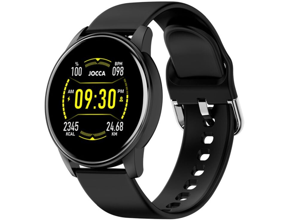Czarny smartwatch z okrągłym wyświetlaczem, na którym widoczna jest godzina 09:30 oraz dane takie jak BPM, kalorie i kilometry. Na ekranie znajduje się logo \'JOCCA\'.