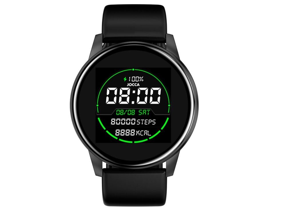 Czarny smartwatch z okrągłym wyświetlaczem pokazuje godzinę 08:00, datę 08/08 SAT, 80000 kroków i 8888 kcal. Na ekranie widoczny jest także wskaźnik naładowania baterii 100% oraz logo JOCCA.