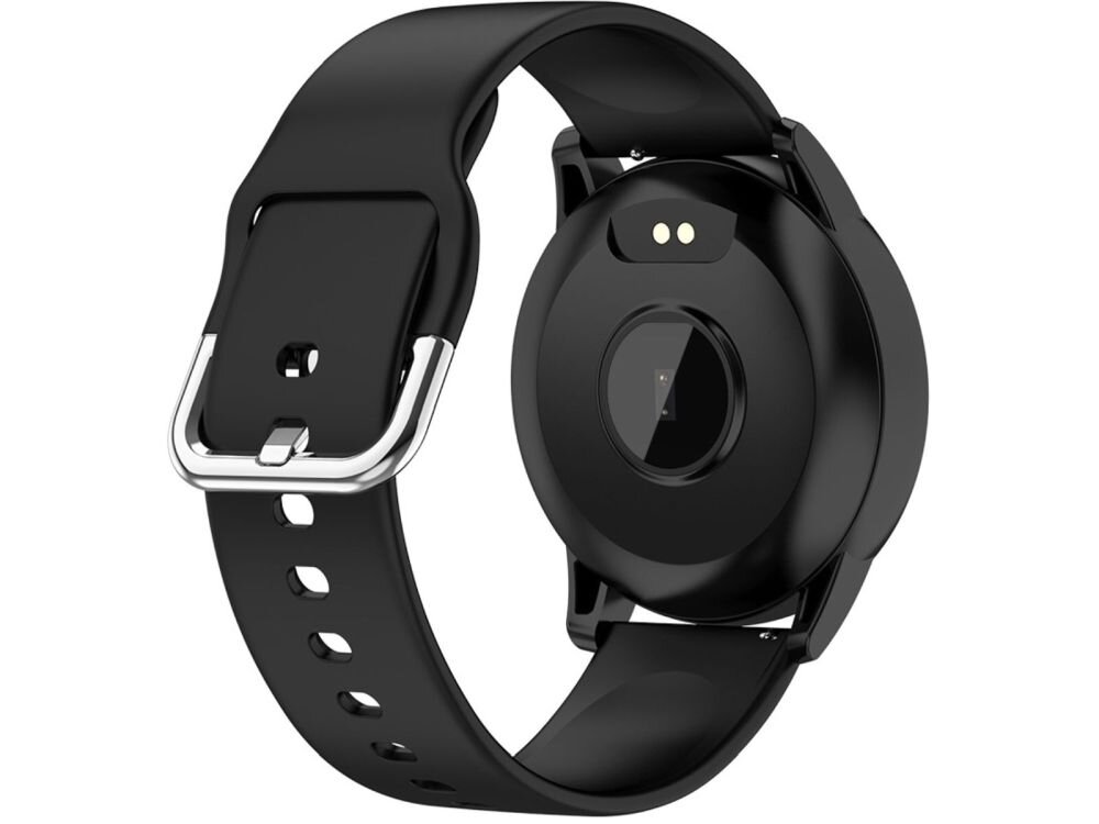 Czarny smartwatch z okrągłą tarczą i silikonowym paskiem, widoczny od spodu z metalowym zapięciem. Na spodzie zegarka znajdują się dwa małe metalowe styki i czujnik.