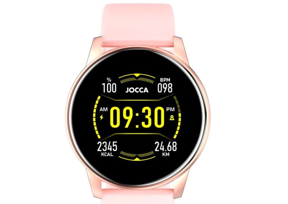 Smartwatch z różowym paskiem i okrągłym wyświetlaczem, na którym widoczna jest godzina 09:30 oraz dane: 100%, 098 BPM, 2345 KCAL, 24.68 KM. Logo JOCCA znajduje się na środku ekranu.
