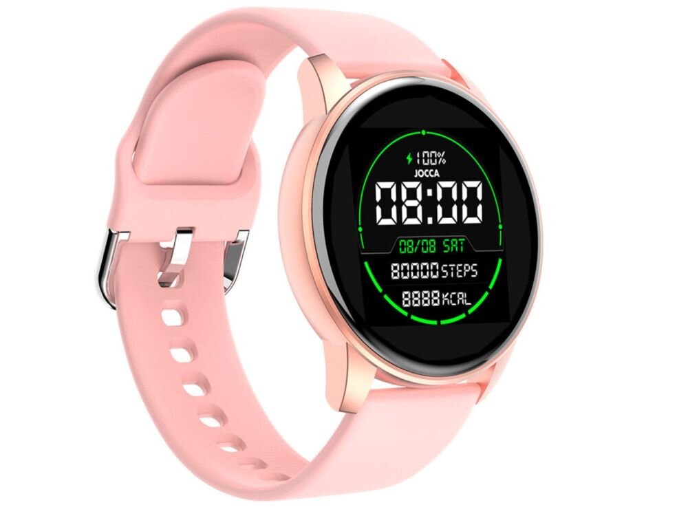 Różowy smartwatch z okrągłym wyświetlaczem, na którym widoczny jest czas 08:00, data 08/08 SAT, liczba kroków 80000 STEPS oraz kalorie 8888 KCAL. Na ekranie znajduje się również logo JOCCA i wskaźnik naładowania baterii 100%.