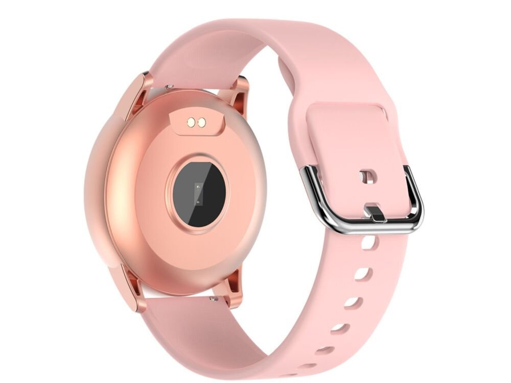 Na obrazie widoczny jest smartwatch z różowym paskiem i okrągłą kopertą w kolorze różowego złota. Pasek posiada metalową klamrę i kilka otworów do regulacji długości.