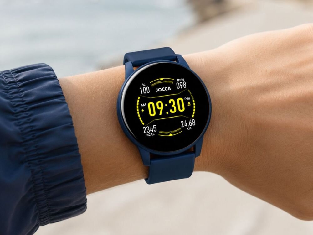 Osoba nosi niebieski smartwatch z okrągłym wyświetlaczem, na którym widoczna jest godzina 09:30 oraz dane dotyczące aktywności fizycznej, takie jak BPM, kalorie i kilometry. Na ekranie znajduje się logo \'JOCCA\'.